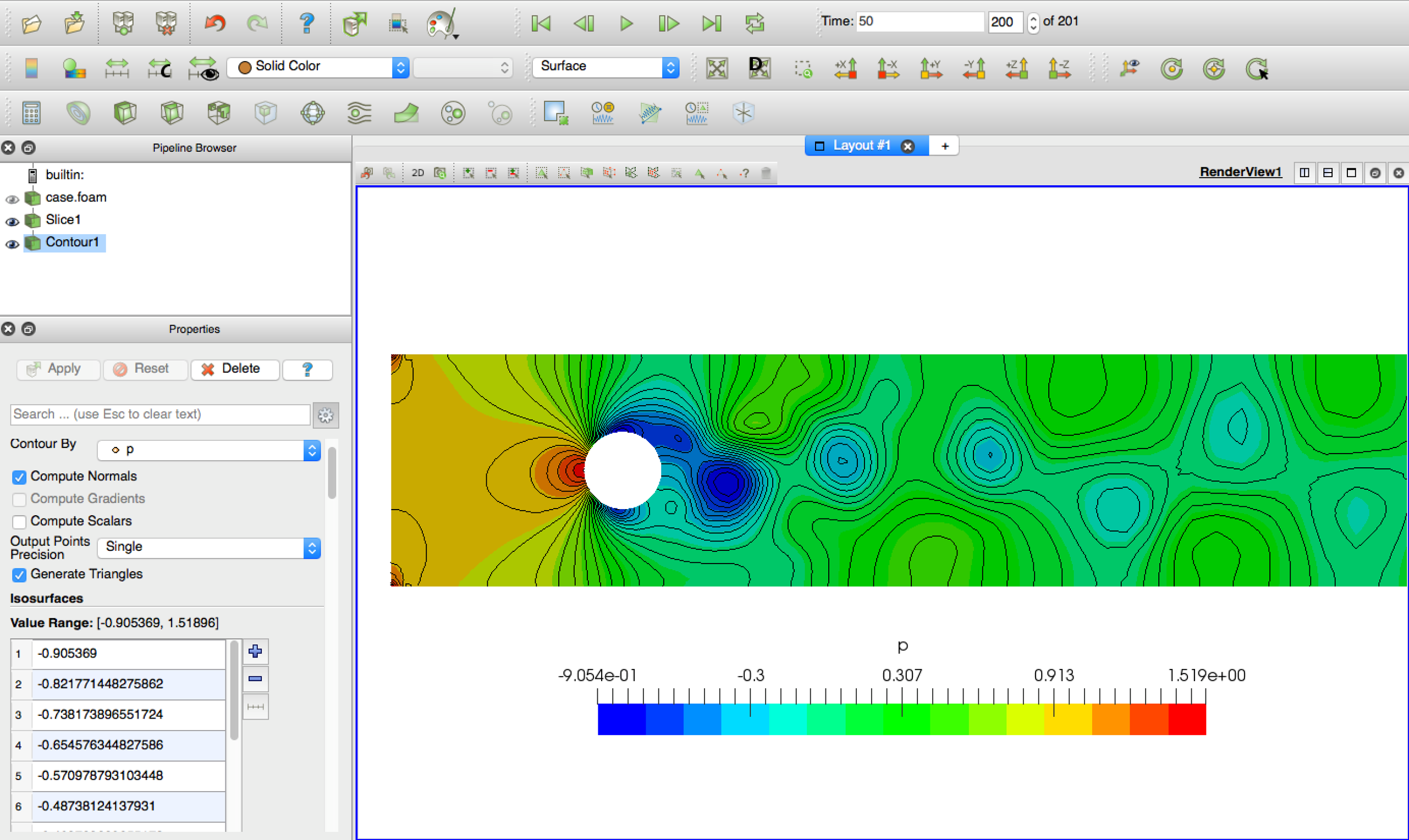 Flow over a cylinder pressure field