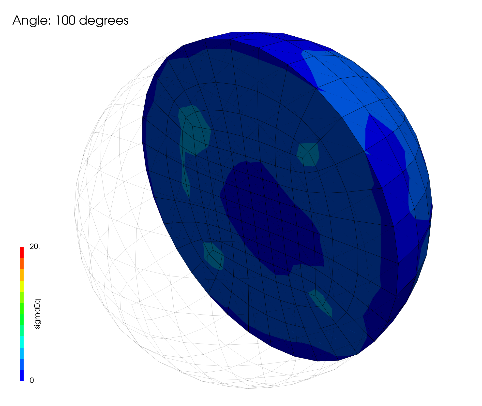 Figure 2: equivalent (von Mises) stress (in Pa) after 100 degrees of rigid body rotation