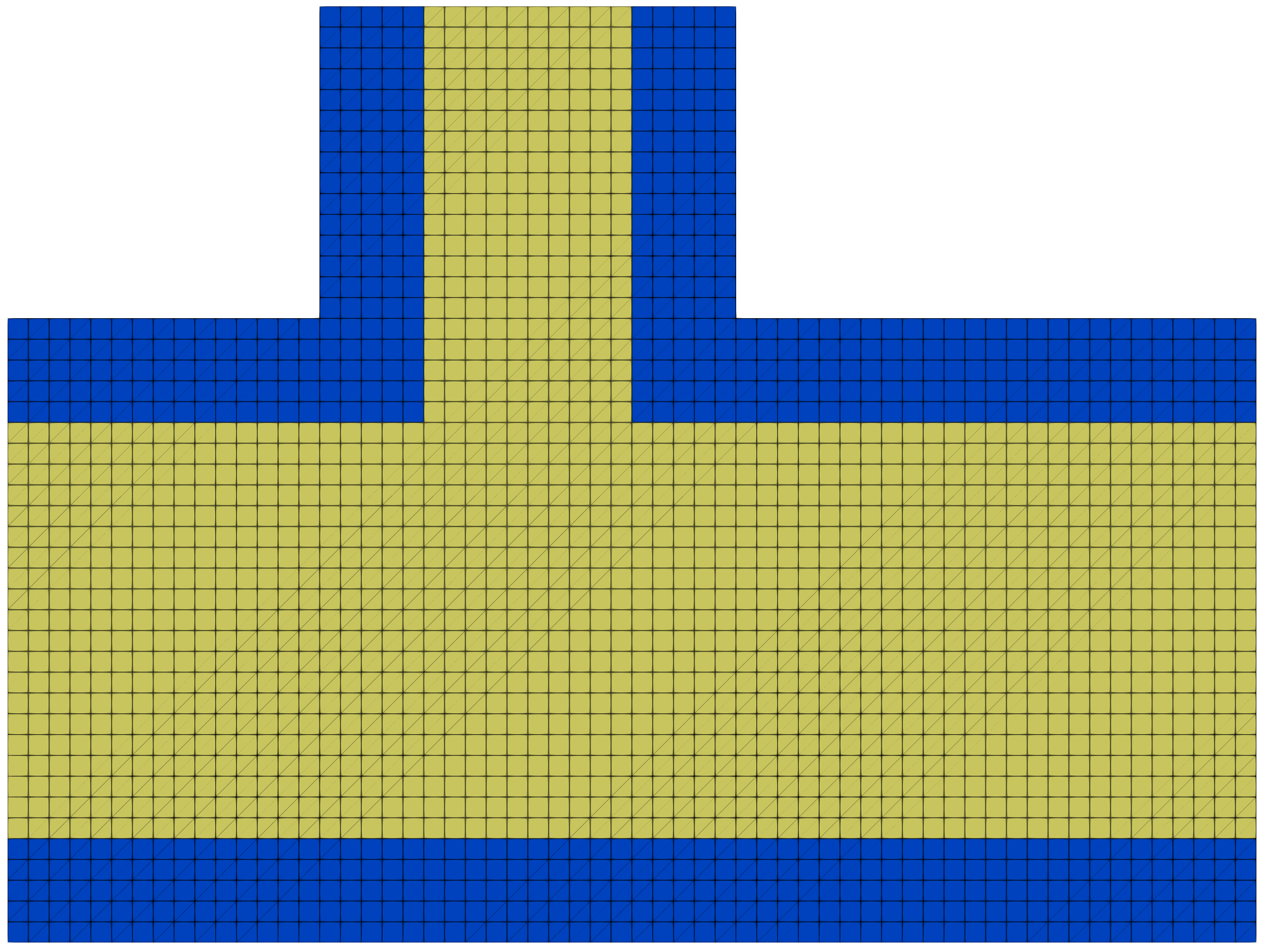 Figure 1: Problem geometry and mesh. The fluid domain is shown in yellow, and the solid domain in blue.