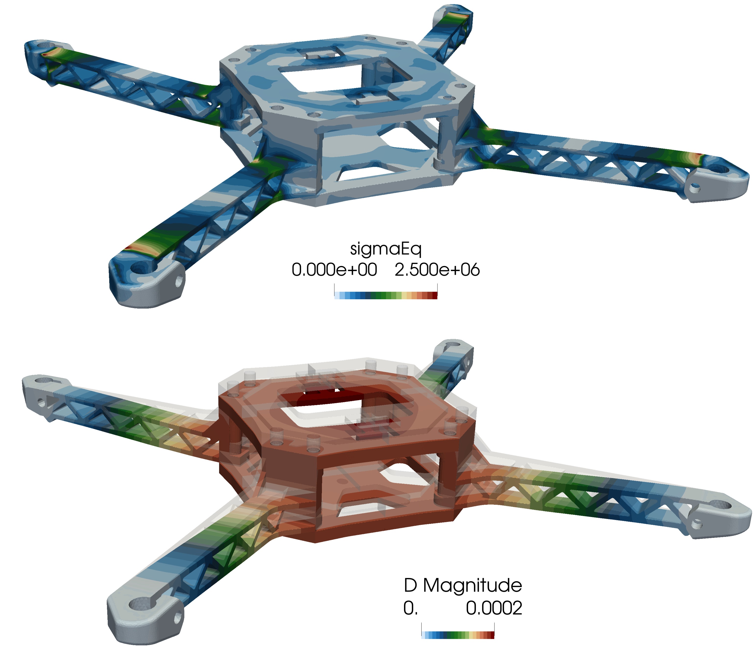 Deformed frame coloured by displacement and von Mises stress